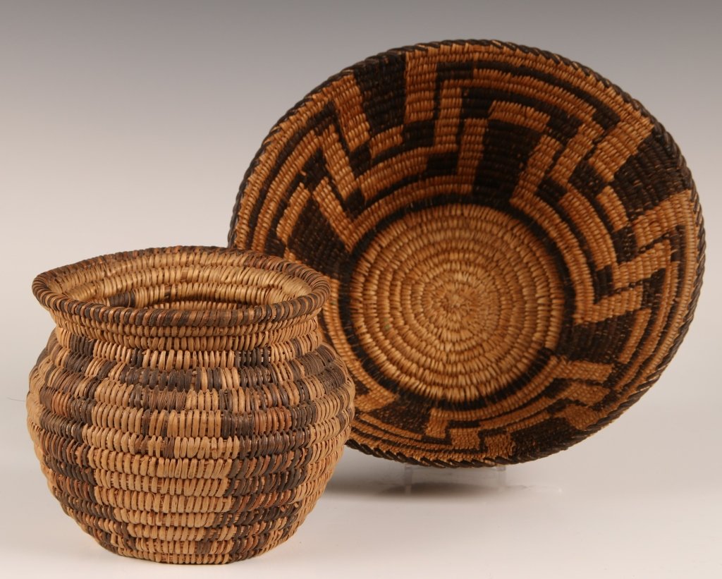 TWO PIECES PIMA INDIAN BASKETRY: Including a 4x 5 inch example with animal figures and a 4 x 9 inch basket with geometric designs.