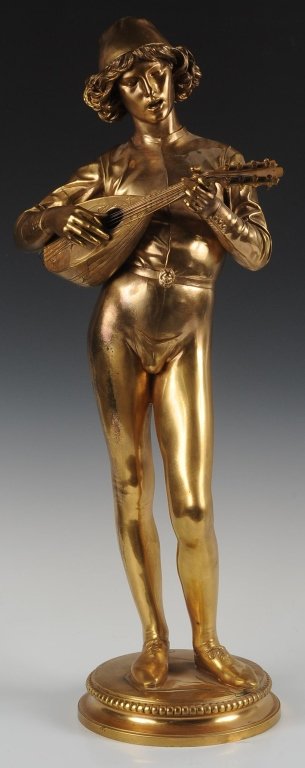 PAUL DUBOIS (FRENCH 1829-1905) BRONZE SCULPTURE: Titled 'Chanteur Florentin', a model that brought the artist a Medal of Honor Show in 1865. The subject is a 15th Century Florentine singer. Signed on the base and additionally a reduction seal and fo