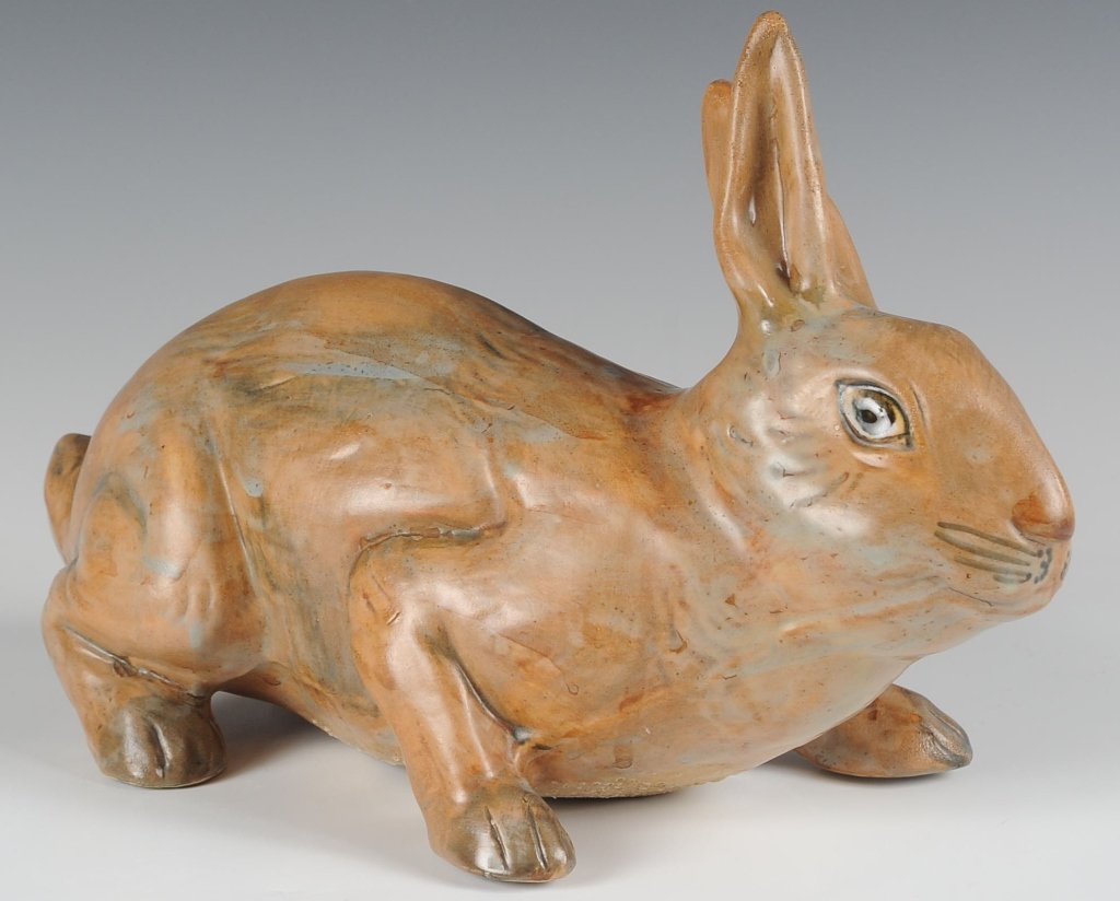 WELLER RABBIT GARDEN ORNAMENT: Hand incised Weller Pottery mark, measures 7.5 x 13 inches.
