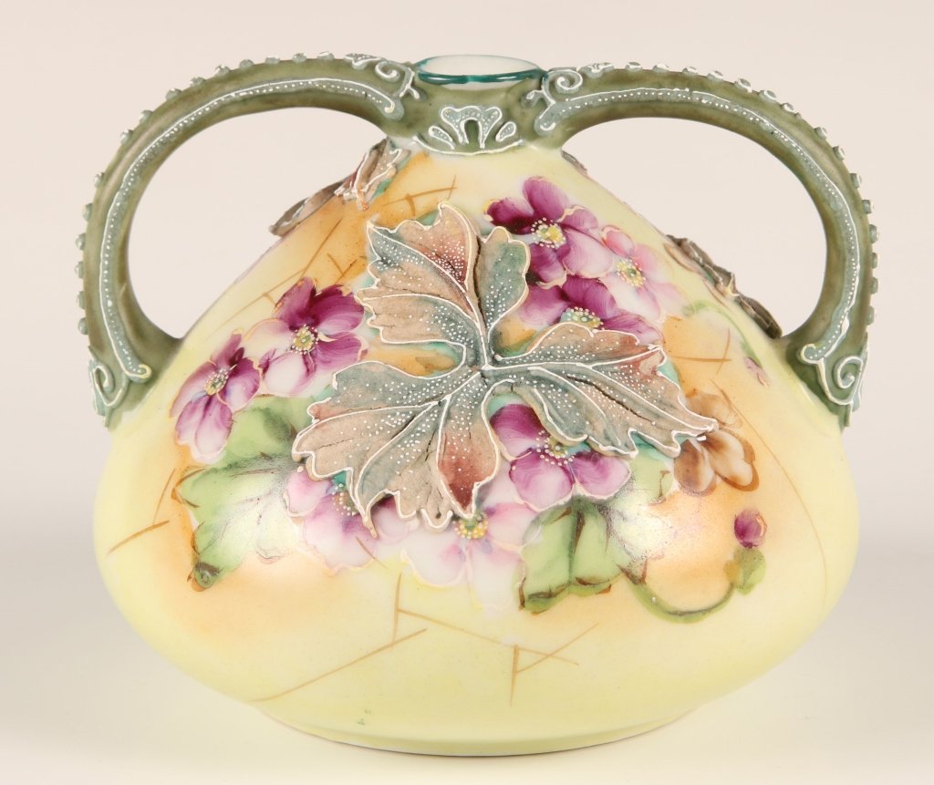 NIPPON PORCELAIN VASE WITH MORIAGE DECORATION: Measures approximately 3 x 4 inches.