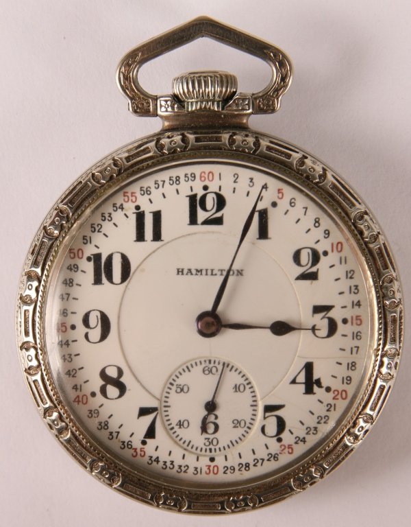 HAMILTON 992 RAILROAD GRADE POCKET WATCH: Twenty-one jewel movement adjusted to five positions with double roller. Serial number 1658574. Double sunk Montgomery dial, 18 size.