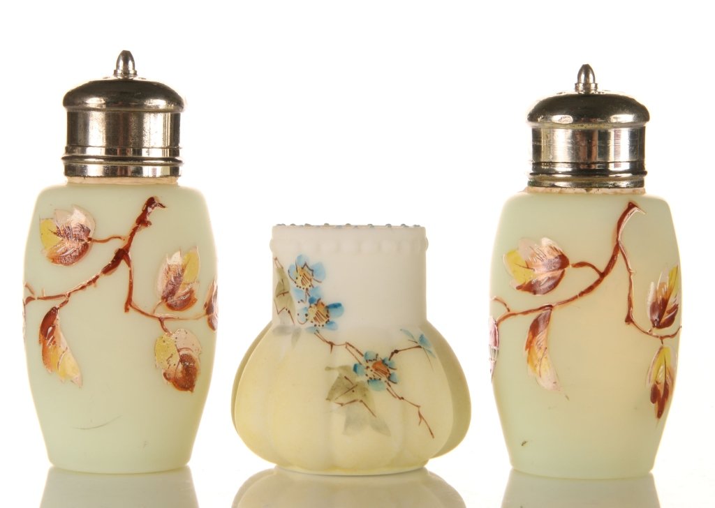 MT. WASHINGTON TOOTHPICK HOLDER WITH SHAKERS: Unsigned. Group of three, including a pair each measuring 4 x 1.75 inches, and the smallest piece measures 2.5 x 2.5 inches.