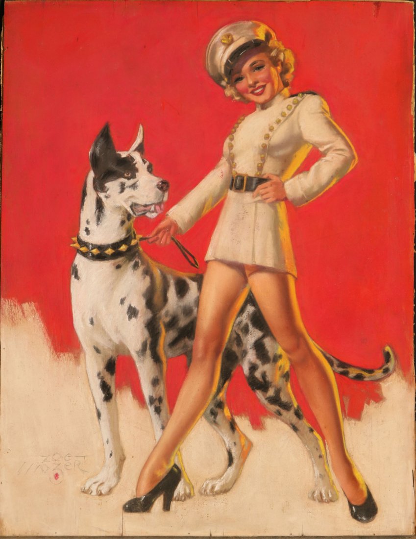 ZOE MOZERT (1907-1993) ORIGINAL PASTEL ON BOARD PIN UP: Circa 1930s, signed lower left, measures 23 x 17.5 inches.