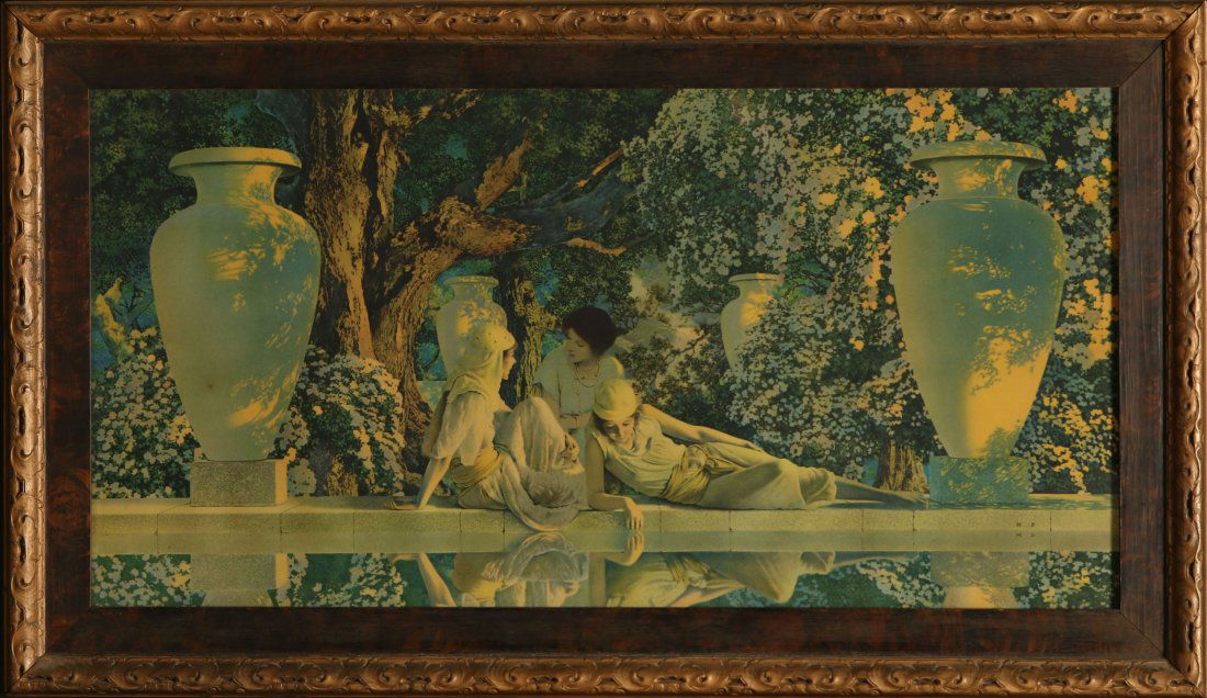 M. PARRISH AND R.A. FOX PRINTS: Medium size Maxfield Parrish 'Garden of Allah', plus an unusual R.A Fox image of an elk in snowy forest titled 'The Forest Primeval' measuring approximately 8 x 10 inches actual print size.