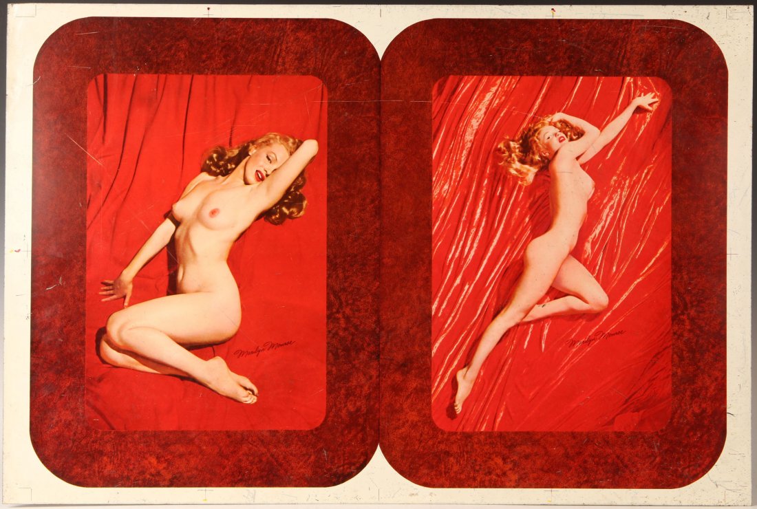 CIRCA 1950 UNCUT SERVING TRAYS WITH MARILYN MONROE: A single sheet with two tin litho printed trays with the famous images of Marilyn Monroe\'s nude pose. Circa early 1950s originals never cut and formed. The overall uncut sheet measures 20.25 x 30 inc