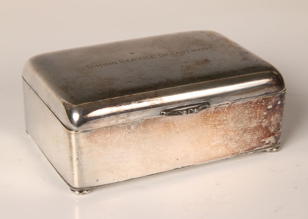 MK&T RAILROAD 'DINING SERVICE DEPARTMENT' CIGARETTE BOX: Engraved 'Dining Service Department' on outside lid, engraved MK&T box logo inside. Four footed, measures 2 x 5 x 3.5 inches overall. Very good condition.