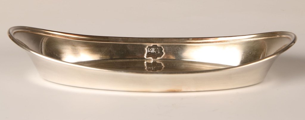 MISSOURI KANSAS TEXAS MK&T RAILROAD SILVER BREAD TRAY: Marked 'GM CO EP 03921,' with applied MK&T shield logo. Measures 1.75 x 10.25 x 4.75 inches. Shows some utensil marks, very good overall.