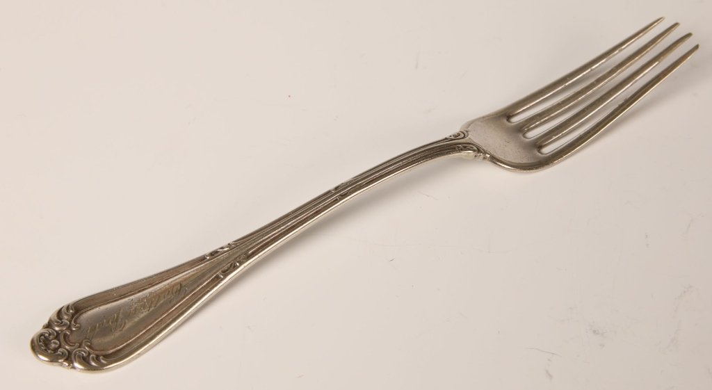 COTTON BELT ROUTE RAILROAD SILVERWARE FORK: Cursive 'Cotton Belt' on handle, no maker mark, measures 7.5 inches.