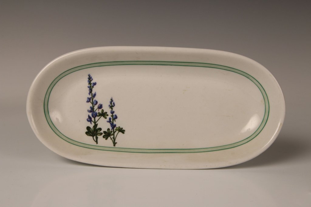 MISSOURI KANSAS TEXAS MK&T RR BLUEBONNET CELERY BOWL: Backstamped Buffalo China and 'made especially for MK & T RR.' Measures 4.5 x 9.25 inches. No chips, cracks or repairs.