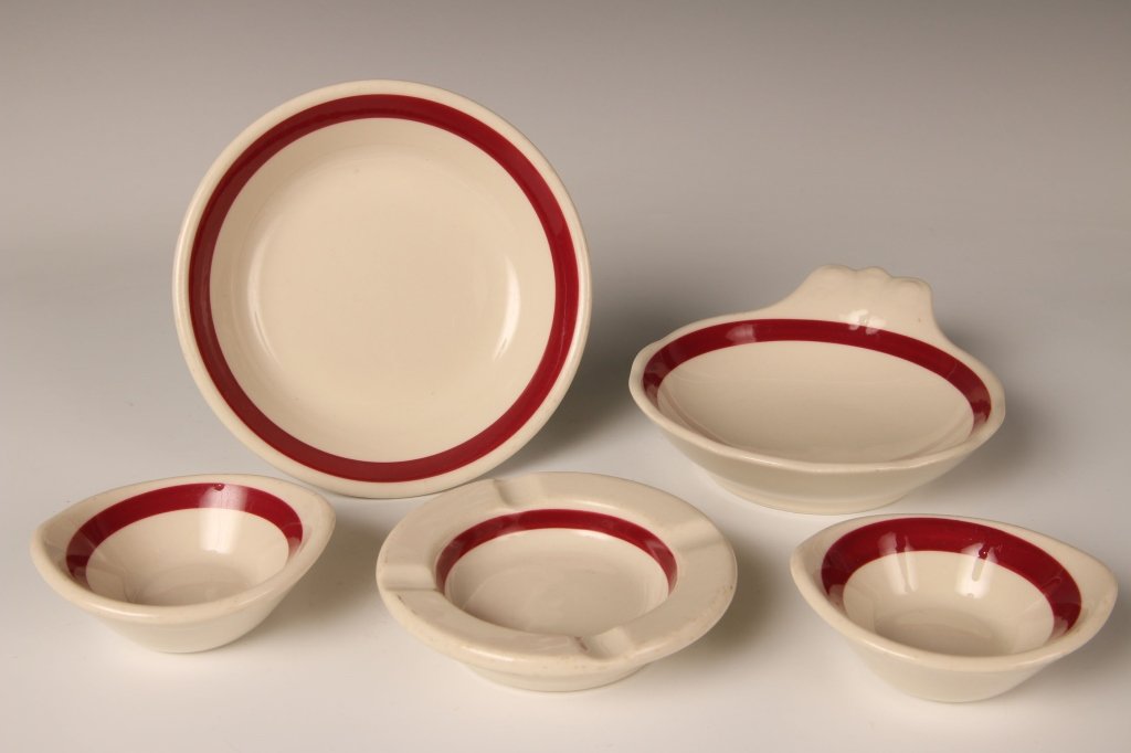 SIX PIECES MISSOURI KANSAS TEXAS MK&T RR SLOAN CHINA: Sloan pattern, as used by both Missouri, Kansas Texas RR and St. Louis - San Francisco RR. Includes 4 inch ashtray, two 3.5 inch small bowls, 5.75 inch shell dish, and a 5.75 inch berry bowl. All but