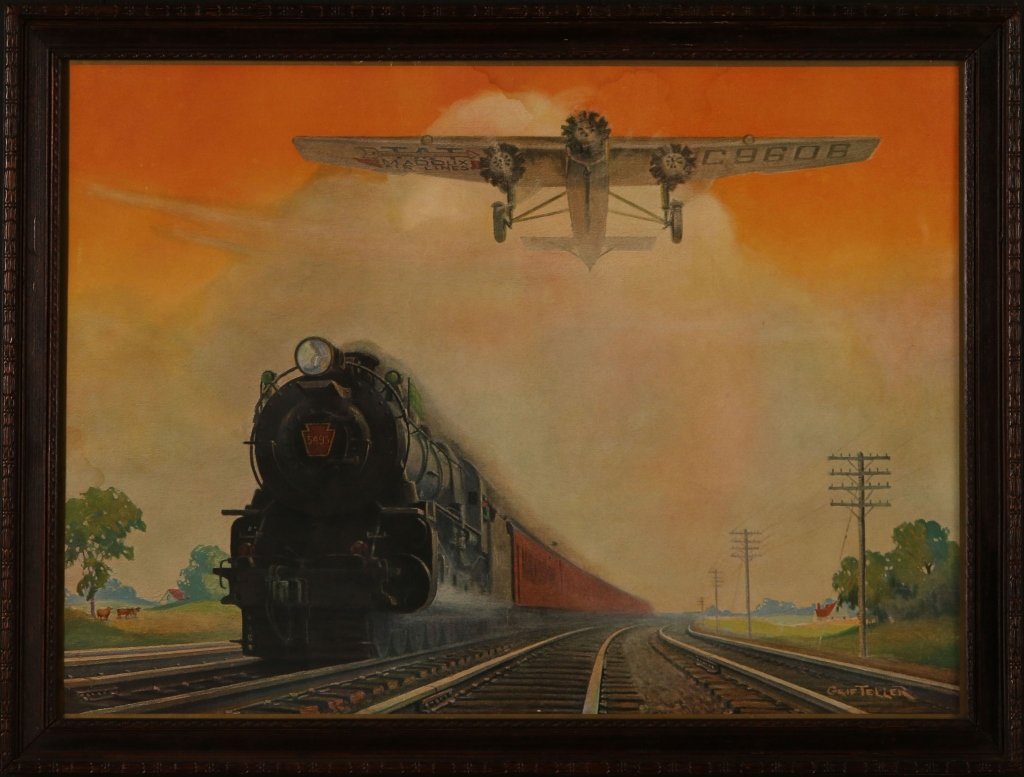 PENNSYLVANIA RAILROAD LITHOGRAPH 'GIANT CONQUERORS...': Chromolithograph of Grif Teller's 'Giant Conquerors of Space and Time' as used by the Pennsylvania Railroad, circa 1931. Shows a PRR K4 engine with a Ford 5-AT-E monoplane above. The original painting
