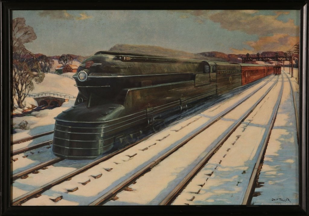 PENNSYLVANIA RAILROAD LITHOGRAPH 'SERVING THE NATION': Color lithograph of Grif Teller's 'Serving the Nation,' for the Pennsylvania Railroad. Originally painted for the 1940 company calendar. From a caption taped to the reverse: 'Features a Raymond Loewy 