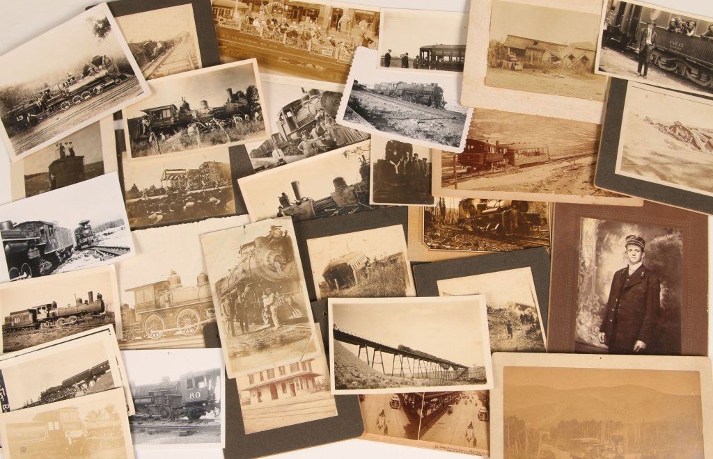 29 MISCELLANEOUS RAILROAD PHOTOS, TURN OF THE CENTURY: Various photos including one of an engine with it's guts exposed, and one possibly of W.J. Bryan giving a speech on the MK&T.