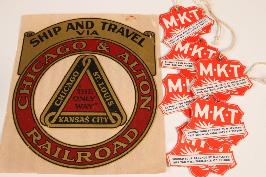 CHICAGO & ALTON RAILROAD DECAL, MK&T BAGGAGE TAGS: Includes an early Chicago & Alton Railroad decal transfer, 8 x 6.75 inches; plus a group of six smaller printed MK&T baggage tags.