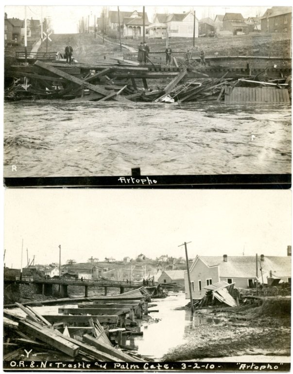 TWO REAL PHOTO POST CARDS OF TRESTLE BRIDGE COLLAPSE,: Pullman, WA., March 1, 1910, Palouse River flood, destroyed an Oregon Railroad and Navigation Co. bridge.