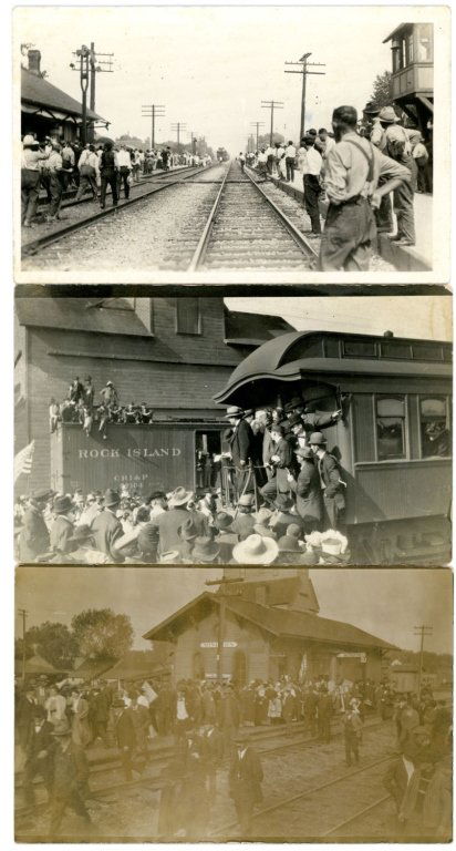 THREE REAL PHOTO POST CARDS WM. J. BRYAN RAIL STOP: Three RPPCs of William Jennings Bryan's visit to Minburn, IA on the Minneapolis & St. Louis Railway (Soo Line), circa 1916.