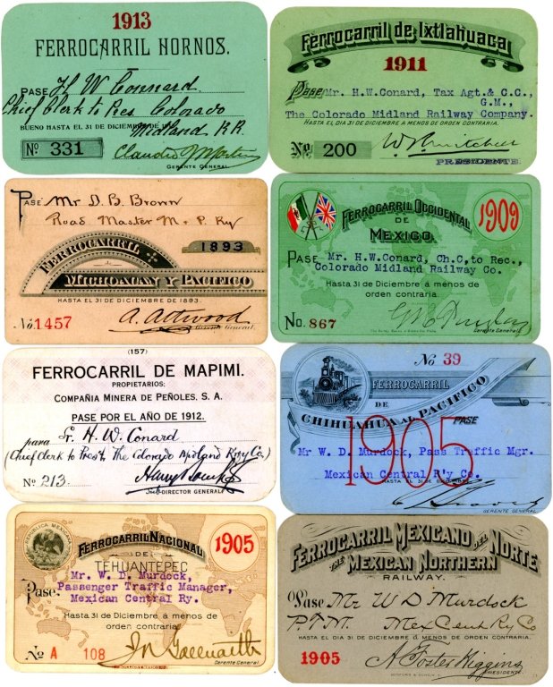 LOT OF MEXICAN RAILROAD PASSES, PLUS OTHER STUBS: Large lot of passes for Mexican railroads, plus a few mixed American lines. Includes some MK&T and other stubs.