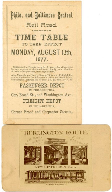PHILA. & BALTIMORE CENTRAL RR 1877 TIME TABLE, BR CARD: Includes an 1877 time table for the Philadelphia and Baltimore Central Railroad; plus a 2.5 x 4.25 inch Burlington Route card.