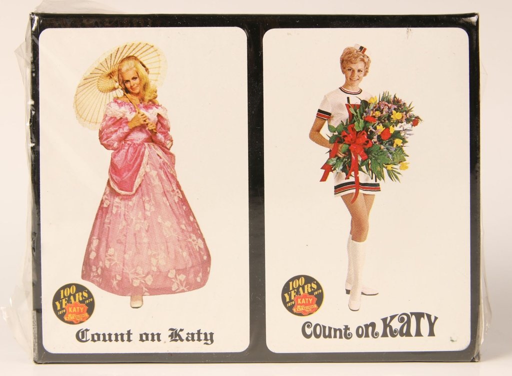 MISSOURI KANSAS TEXAS RAILROAD PLAYING CARDS: A double deck of original cards, in original cellophane, unopened.
