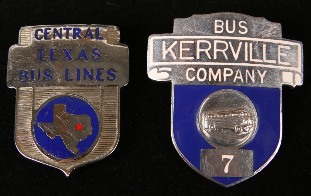 TWO BUS LINES CAP BADGES, CENTRAL TEXAS, KERRYVILLE: Includes a Central Texas Bus Lines badge, bright silver toned with red and blue enamel details, 2.25 x 1.75 inches, screwback. Also a Kerryville Bus Company badge, 2.75 x 2.5 inches, maker marked Hook