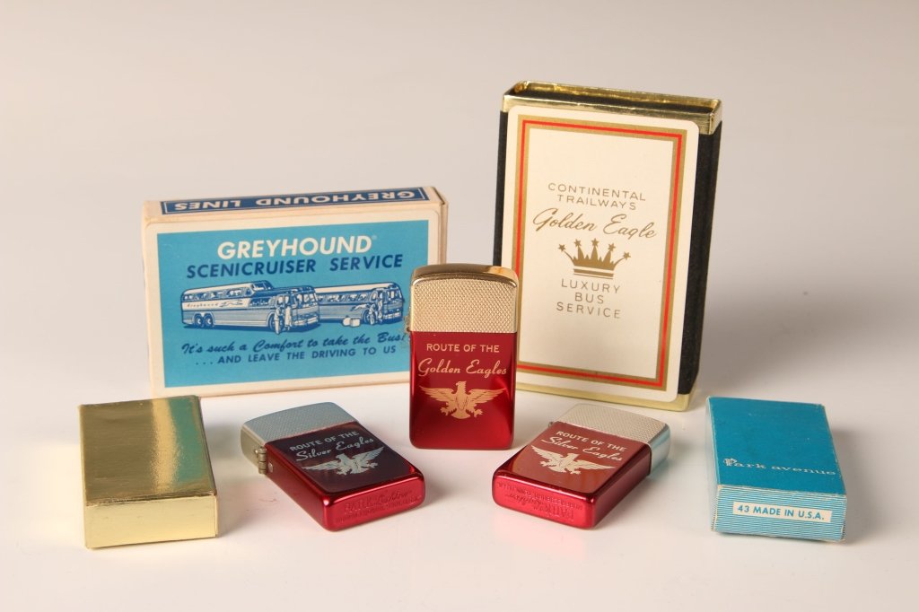 VINTAGE BUS LINE PLAYING CARDS AND LIGHTERS: Includes two decks of cards, Greyhound Lines and Continental Trailways Golden Eagle; plus three Park Avenue lighters for Route of the Silver Eagles. Good - very good condition.