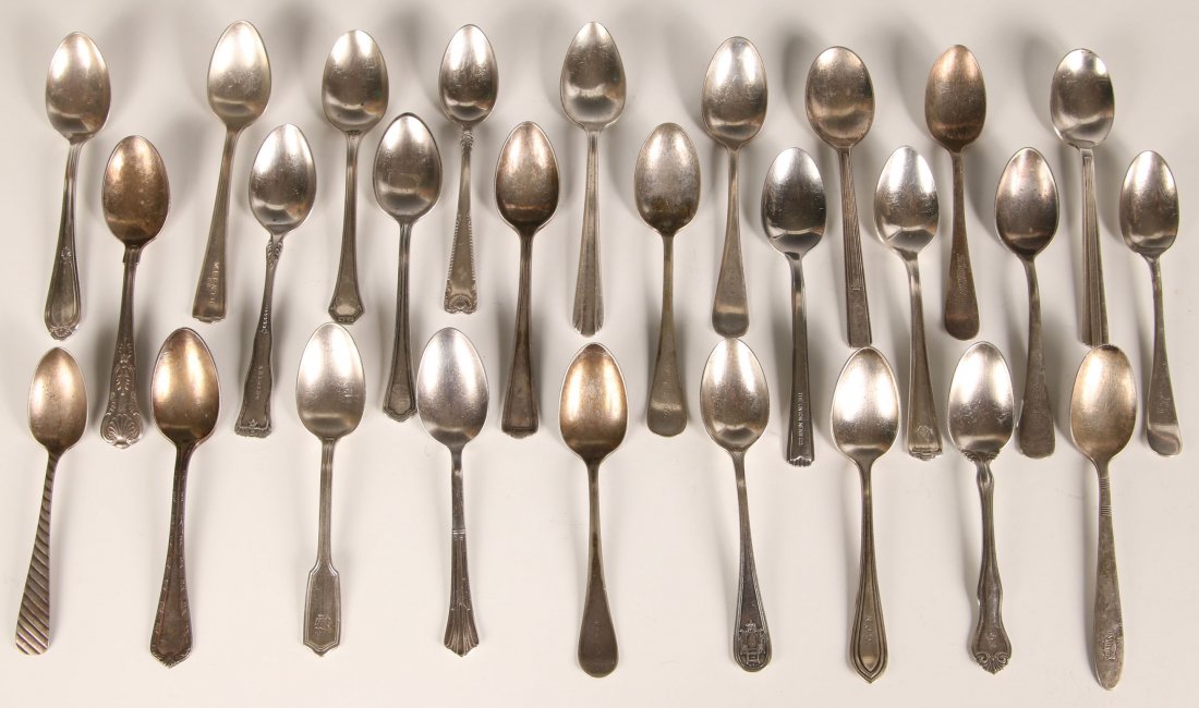 TWENTY SEVEN RAILROAD AND HOTEL FLATWARE SPOONS: Includes 27 spoons for railroads and hotels like New Haven RR, C&LI, MEE&TH PR, BC&A Ry, MD&V Ry, Union News, Hotel Pennsylvania, CSD&B, WCSM, C&A RR, KC Southern Ry, Southern Pacific, NY Central, Atl