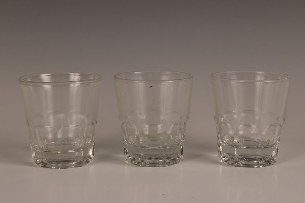 THREE PULLMAN RAILROAD 'OLD FASHIONED' TUMBLERS: Each with raised relief 'Pullman Company' in bases. Measure 3 x 2.75 inches each. No chips, cracks or repairs.