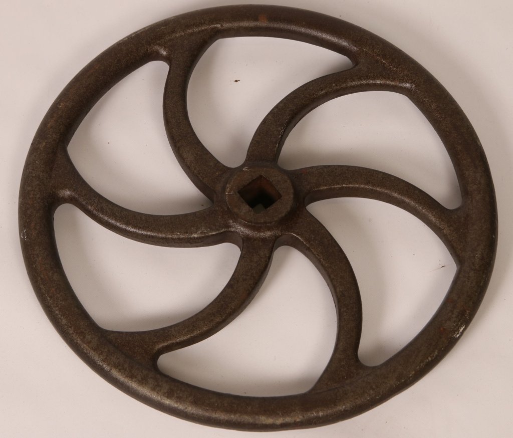 CAST IRON RAILROAD CAR BRAKE WHEEL: 14.25 inch diameter cast iron brake wheel with raised relief 'CATX-STCK 7089,' plus 'to open' and 'to close.' Good condition.