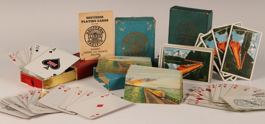 THREE DECKS OF RAILROAD PLAYING CARDS: All used; one Southern Pacific Lines deck count 52 with one joker; other count 55 with 3 jokers. Also a Frisco Lines deck, count 52 with 3 jokers. Each used, in slip cases, average condition.