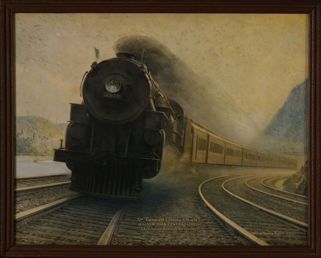 NEW YORK CENTRAL TWENTIETH CENTURY LTD LITHOGRAPH: Lithograph of 'The Twentieth Century Limited of the New York Central Lines 'The Greatest Train in the World'' by William Harnden Foster, 1922. Professionally framed. 17.5 x 22.25 inch sight size, 19.2