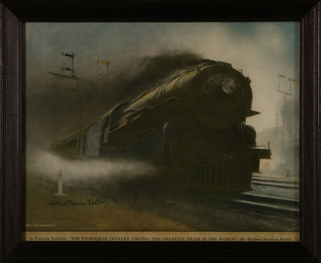 NEW YORK CENTRAL TWENTIETH CENTURY LTD LITHOGRAPH: Lithograph of 'The Twentieth Century Limited of the New York Central Lines 'The Greatest Train in the World'' by William Harnden Foster. Professionally framed. 10.75 x 13.5 inch sight size, 12.75 x 15
