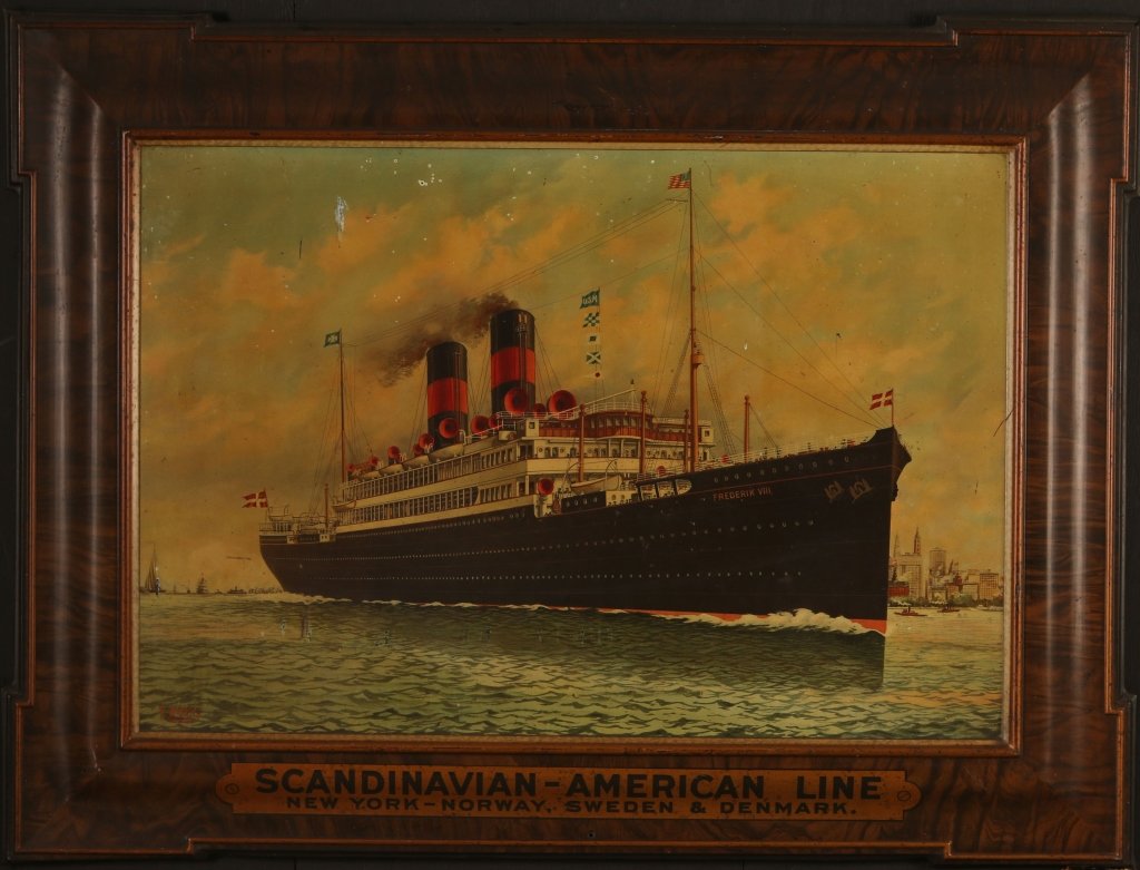 SCANDINAVIAN AMERICAN LINE TIN ADVERTISMENT SIGN: Tin litho advertising sign for 'Scandinavian-American Line, New York, Norway, Sweden & Denmark,' 30.75 x 41 inches. Shows wear, some crazing, foxing and overall wear. Average condition.