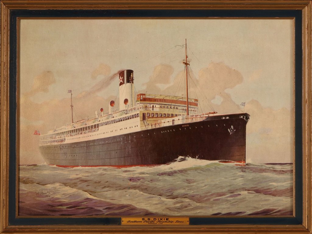 FREDERICK J. HOERTZ OIL ON PANEL SS DIXIE STEAMSHIP: Title plate affixed to frame, 'S.S. Dixie, Southern Pacific Steamship Lines, Morgan Line.' Signed lower left. 16.25 x 22.75 inches, 18.5 x 25 inch frame. Very good condition.