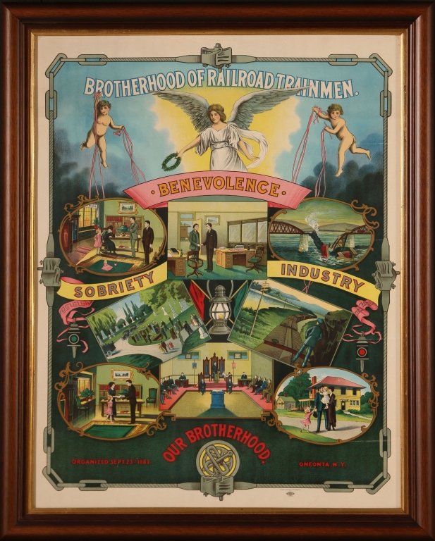 BROTHERHOOD OF RAILROAD TRAINMEN LITHOGRAPH POSTER: Circa WWI color lithograph poster for the BoRT. Professionally framed. 26.75 x 20.5 inches, 30.5 x 24.5 inches overall. Not examined outside of frame. Four creases along right side, not too detractive
