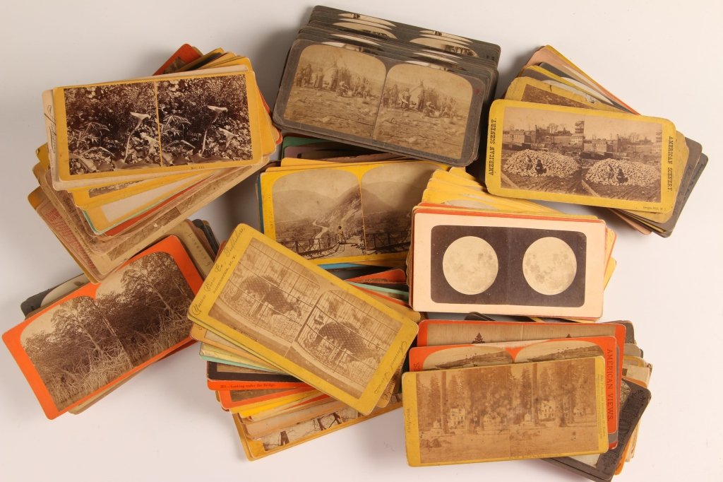 A COLLECTION OF STEREO VIEW CARDS: Large group of photo cards each measuring 3.5 x 7 inches.