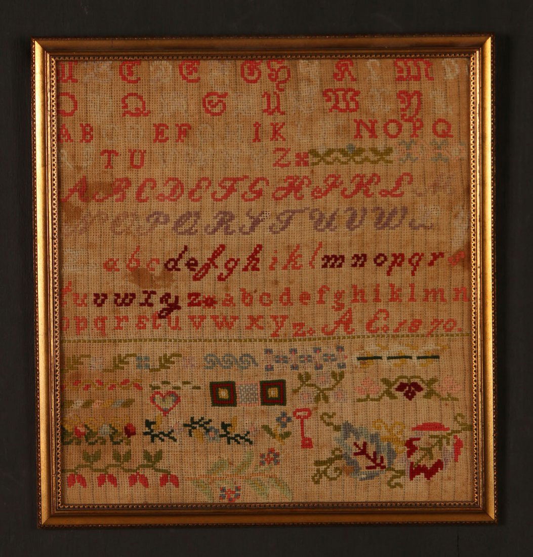 SCHOOL GIRL CROSS STITCH SAMPLER DATED 1870: Measures 15 x 13 inches overall.