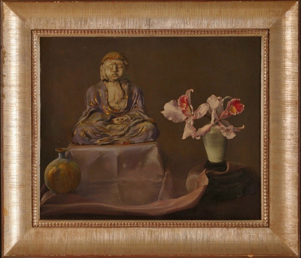 PRISCILLA WARREN ROBERTS (1916-2001) OIL ON PANEL: American artist known for her works of Realism. This work from the 1940s is signed lower right, panel measures 20 x 24 inches, frame measures 27.25 x 31.5 inches. Roberts said her aim was to achieve '