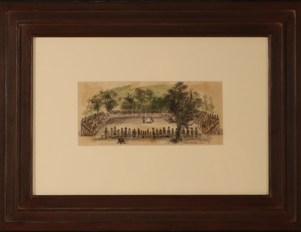 1941 CHARLES BANKS WILSON (1918-2013) CONTE ON PAPER: An original work titled 'Cherokee Council Meeting', signed and dated 1941 lower right, sight size 3.5 x 8 inches, frame measures 12.5 x 7 inches.