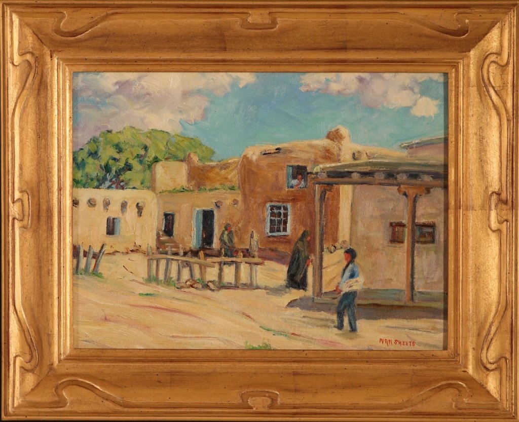 NAN SHEETS (1885-1976) 'POST OFFICE RANCHOS DE TAOS': Titled 'Post Office Ranchos de Taos' verso, signed lower right and displayed in a beautiful hand carved frame by Ed Taylor, the panel measures 12 x 16 inches, frame measures 17.5 x 21.5 inches.