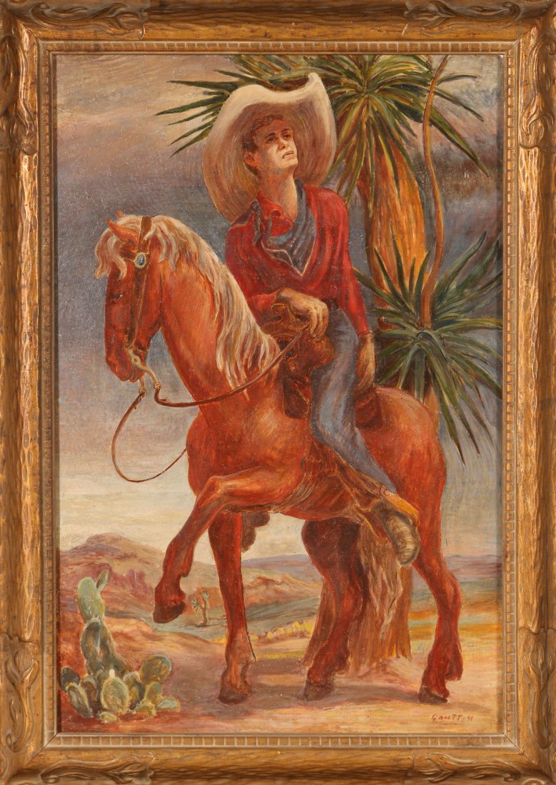 JAMES BRITTON GANTT (1911-1984) 1941 TEMPERA ON BOARD: Titled 'The Sun Watcher' by a gallery card on the reverse, signed lower right and dated '41, board measures 30 x 20 inches, frame measures 34.5 x 24.5 inches. James Britton Gantt was born in 1911 and 