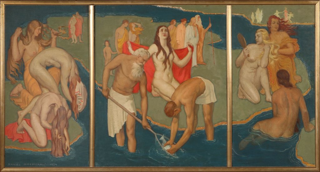 DANIEL MacMORRIS (1893-1981) 1934 ART DECO INFLUENCE: Titled 'Parable' and signed lower left with a date of 1934, MacMorris describes this triptych as, "...a picture in three compartments side-by-side, was one of the large number of decorative murals I p
