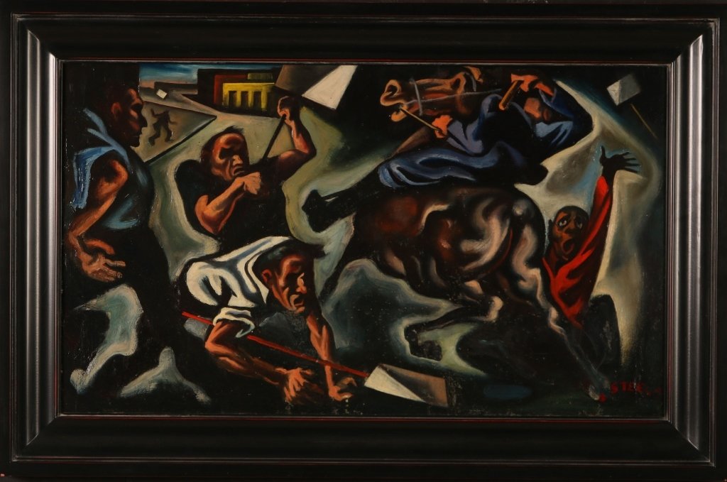 JACK KEIJO STEELE (1919-2003) OIL ON PANEL: Jack Keijo Steele, Detroit Michigan. Cranbrook Academy of Art, Student of Zoltan Sepeshy. This painting depicts "the Battle of the Overpass" May 26, 1937, where labor organizers clashed with Ford Moto