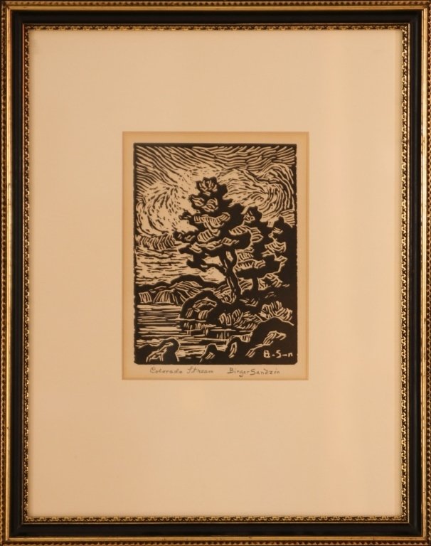 BIRGER SANDZEN (1871-1954) LINOLEUM CUT 'COLORADO: Linoleum cut 'Colorado Stream,' pencil signed lower right, titled lower left. 6 x 4.5 inch image field. Matted and framed to 14.75 x 12 inches overall.