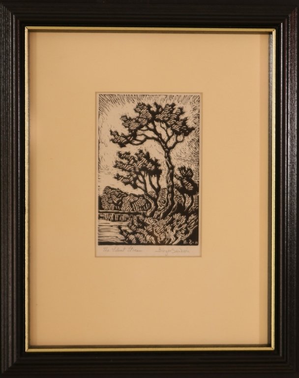 BIRGER SANDZEN (1871-1954) WOODCUT 'THE SILENT STREAM': Woodcut 'The Silent Stream,' pencil signed lower right, titled lower left. 5 x 3.5 inch image field. Matted and framed to 12.5 x 10.25 inches overall.
