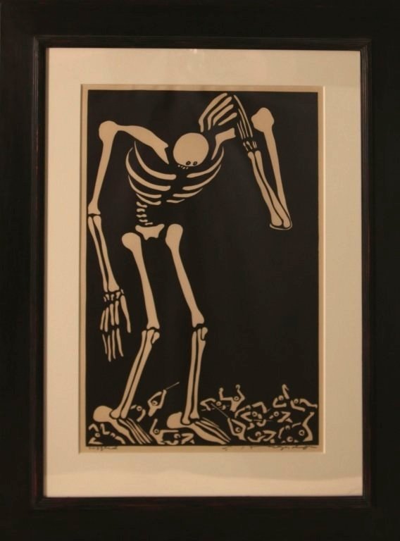 EDWARD HAGEDORN (1902-1982) PENCIL SIGNED RELIEF PRINT: Titled 'Puzzled' lower left, signed lower right, image measures 27 x 17 inches, frame measures 41 x 30.5 inches.