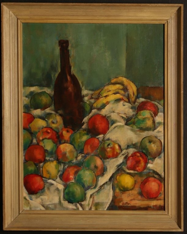 ROBERT WALKER (KANSAS 1920 - 1990) OIL ON CANVAS: Titled 'Apples' on the reverse, signed lower right, board measures inches, frame measures inches.