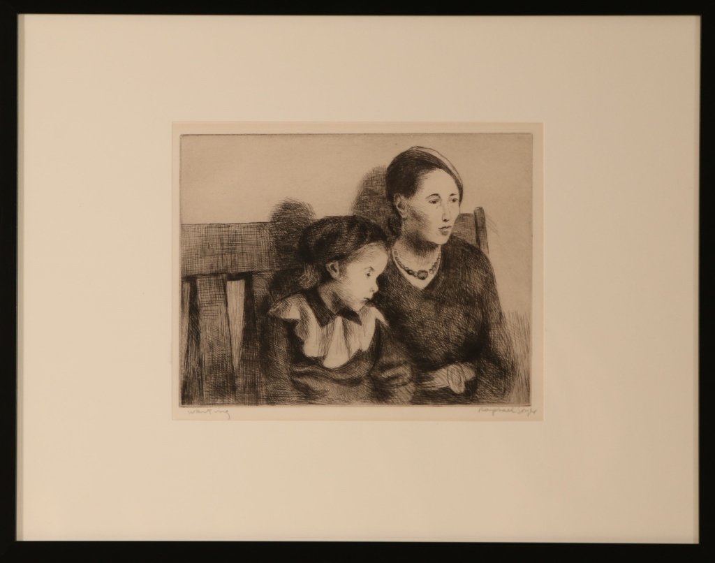 RAPHAEL SOYER (1899-1987) PENCIL SIGNED DRYPOINT: Titled 'Waiting' lower left, signed lower right, original AAA label on the back, plate size 7 x 9 inches, frame measures 14.75 x 18.75 inches.