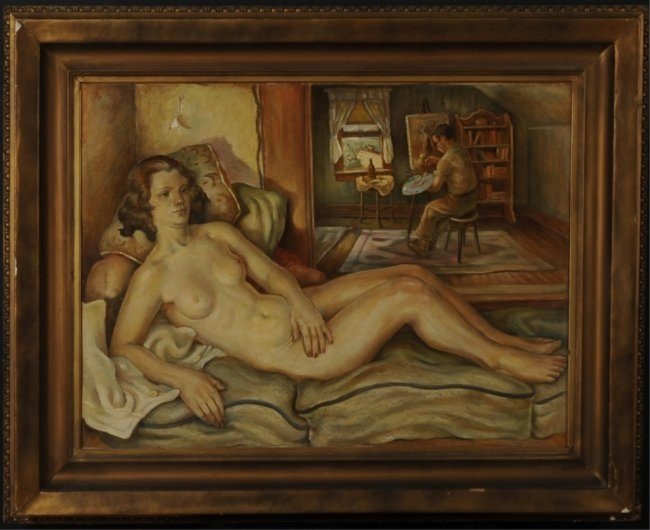 ATTRIB JOSEPH JOHN PAUL MEERT (1905 - 1922) EGG TEMPERA: Circa 1930s egg tempera painting on Masonite panel displayed in a late 19th century 'make-do' frame with the ornate plaster removed from its front surface. At the extreme lower left of the panel is th