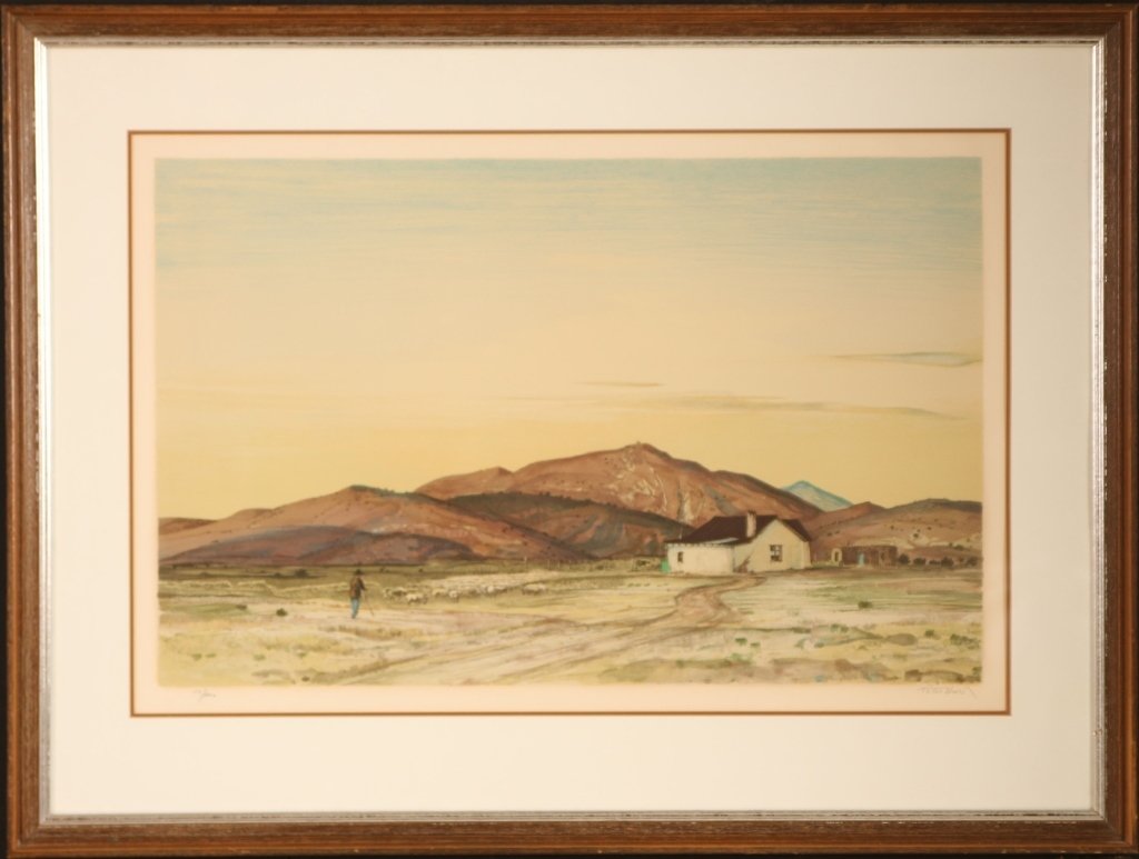 PETER HURD (1904-1984) PENCIL SIGNED COLOR LITHOGRAPH: Titled 'Faraway Place' with gallery sticker on back, edition 119/260 lower left, signed lower right, image size 18.75 x 29.5 inches, frame measures 30.5 x 40.5 inches.