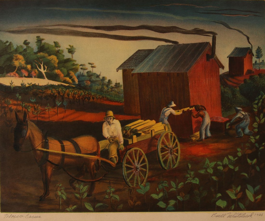 BUELL WHITEHEAD (1919-1993) PENCIL SIGNED COLOR: Titled 'Tobacco Barns' lower left after the painting by the same name, signed and dated 1946 lower right, image area 13.75 x 17 inches, sheet size 16.25 x 19.25 inches. Ft. Meyers, Fla, regional Flori